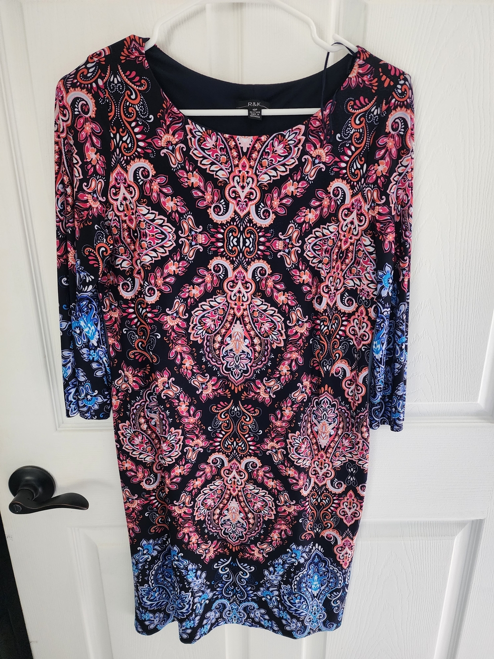 Dress Barn R&K Navy Paisley-Print 3/4 Sleeve Dress in Pink & Blue